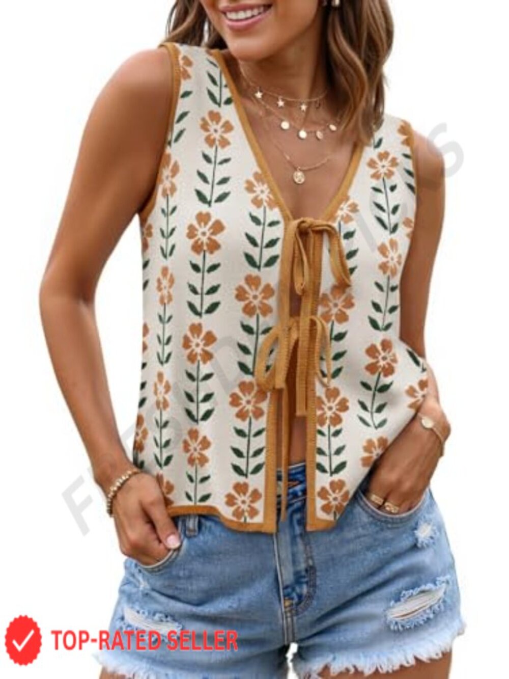 Sweater Vest Top Tie Front Sleeveless Loose Fit Summer Knit Tank V-Neck